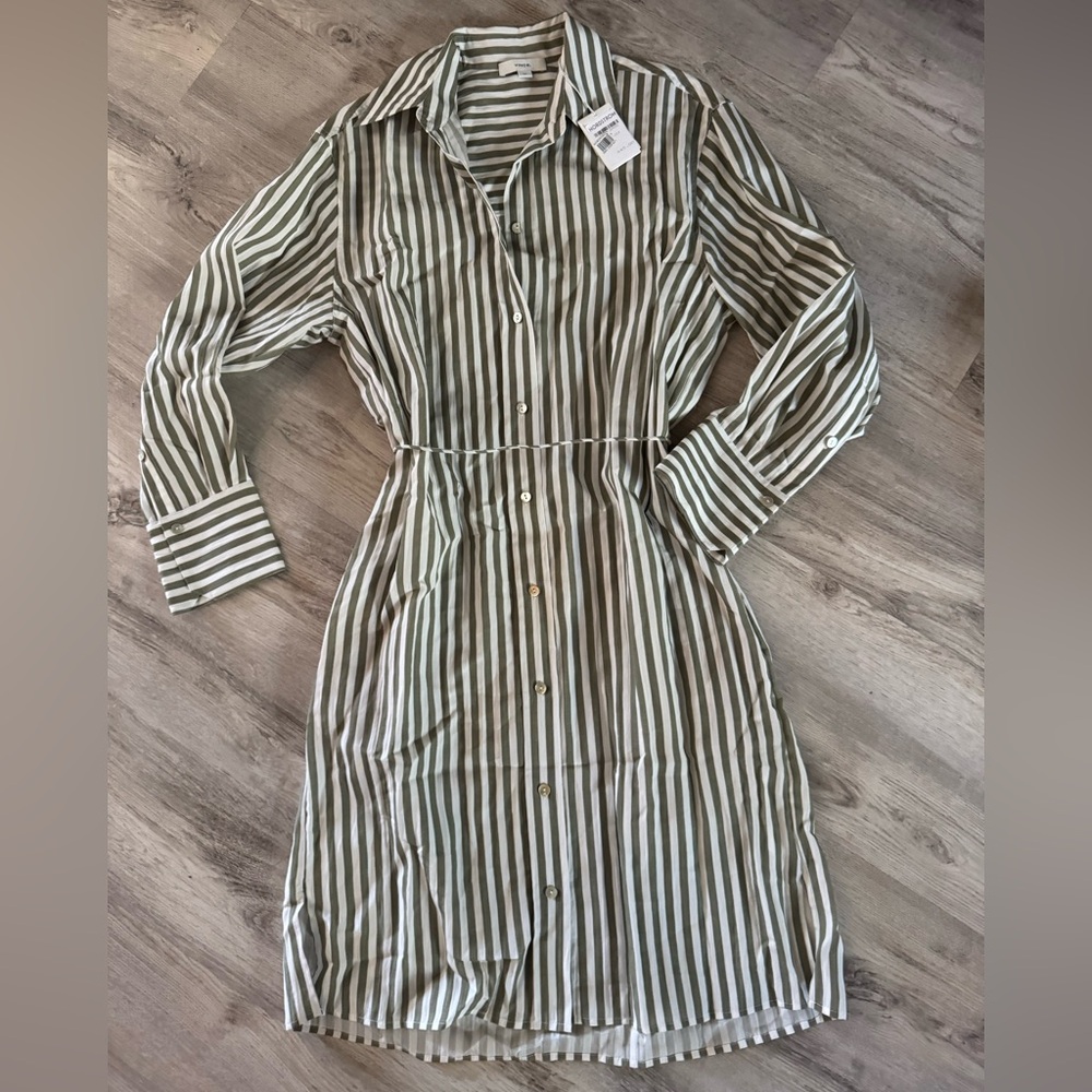 Vince Green and White Striped Long Sleeve Dress